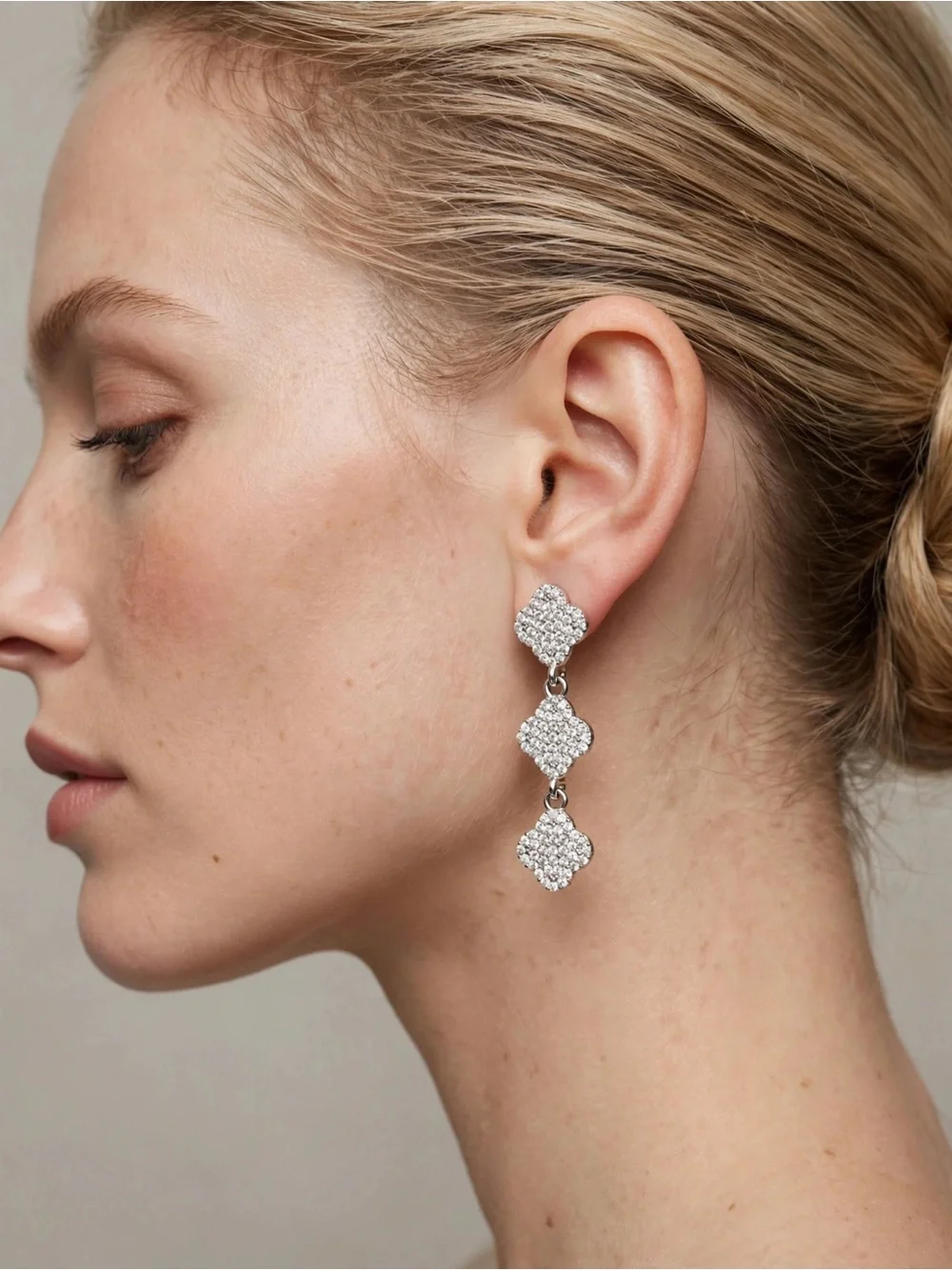 Crystal Pavé Clover Drop Earrings - Silver